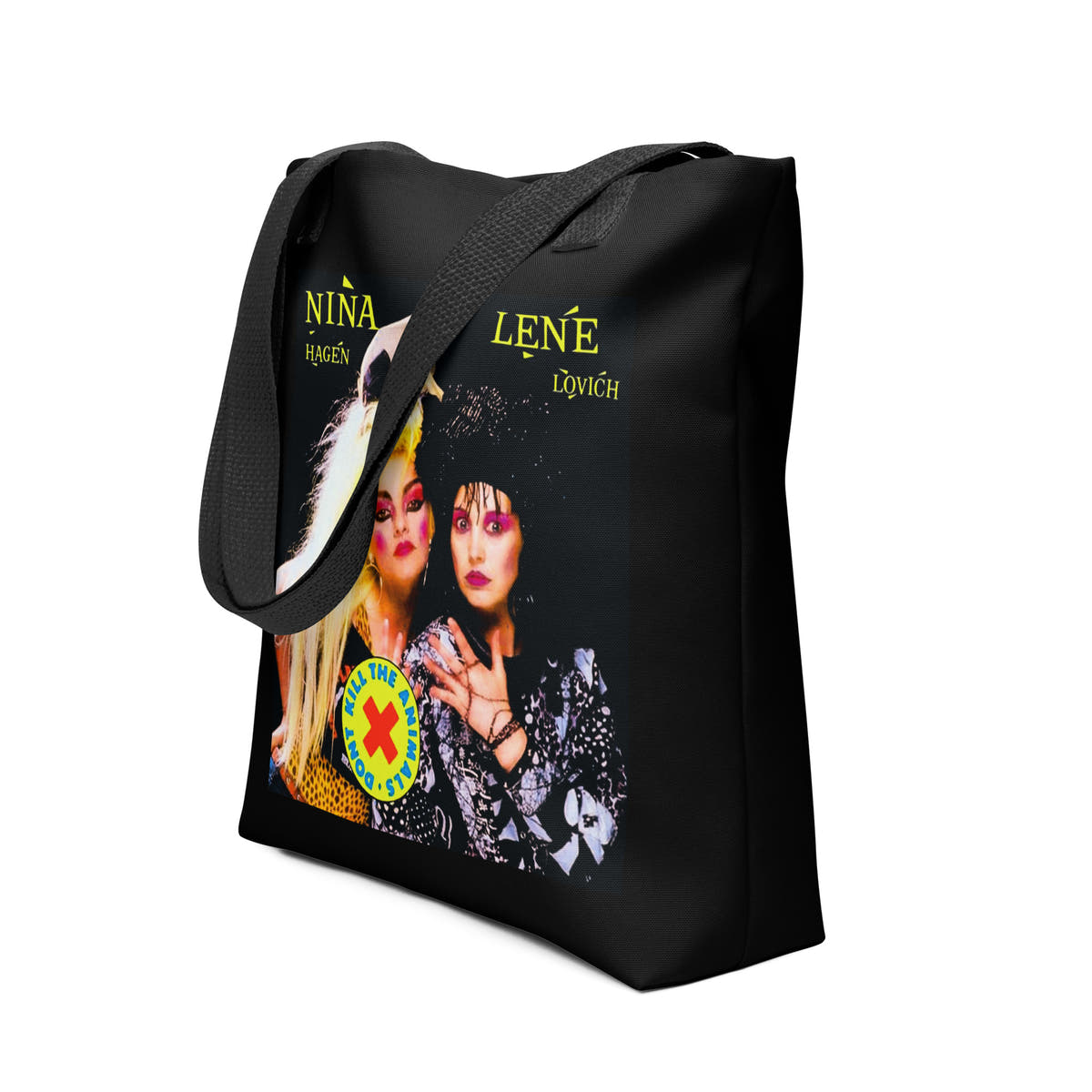 Animal Signal Tote by Prizm Nexus-6 — front view. An all-over print tote referencing Nina Hagen and Lene Lovich's Don't Kill the Animals imagery.