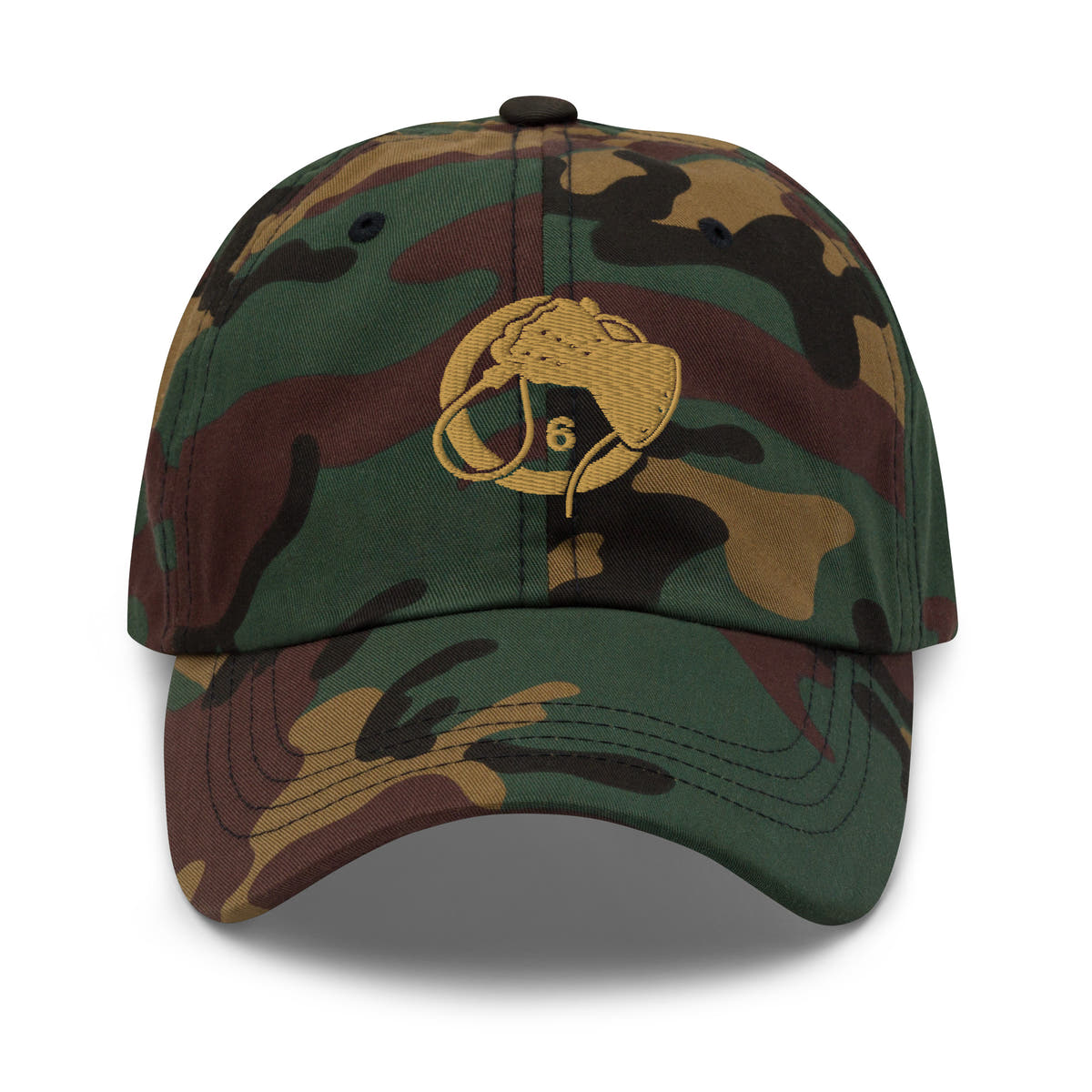 Signal Field HAT (EMBROIDERED) by Prizm Nexus-6 — front view. An unstructured woodland-camo dad cap informed by Death In June's imagery.