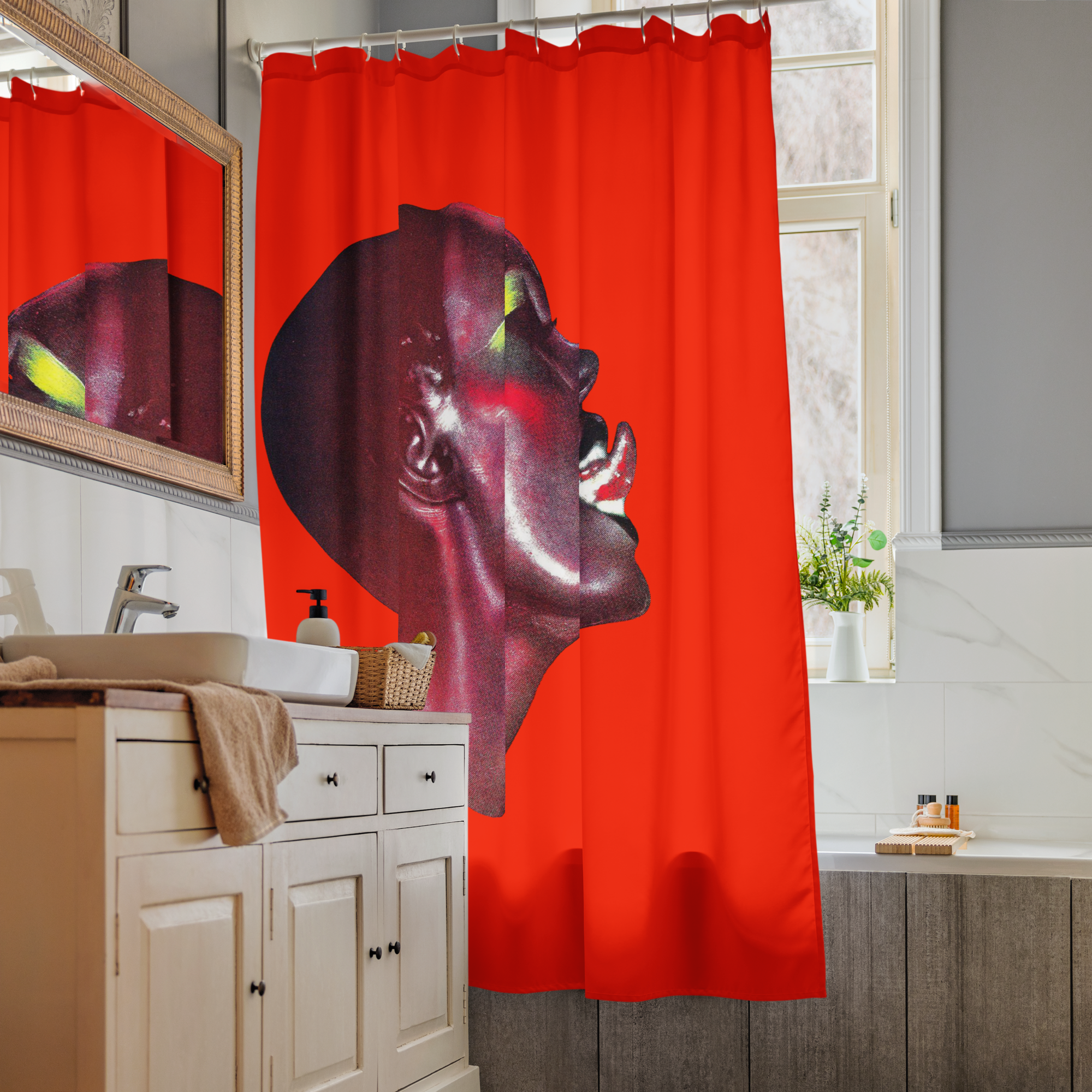 Grace Jones Icon Shower Curtain – Cult New Wave Bathroom Art – Red Statement Decor