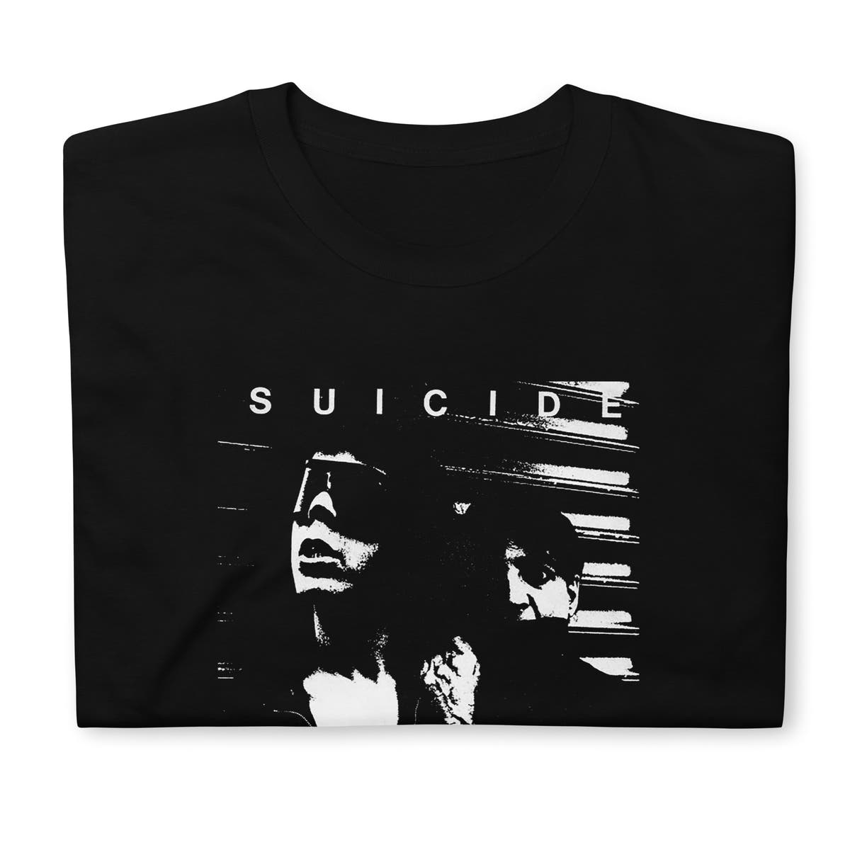 Suicide—Transmission Tee by Prizm Nexus-6 — front view. A white-on-black graphic inspired by Suicide's stark visual language, where electronic sound and punk attitude meet.