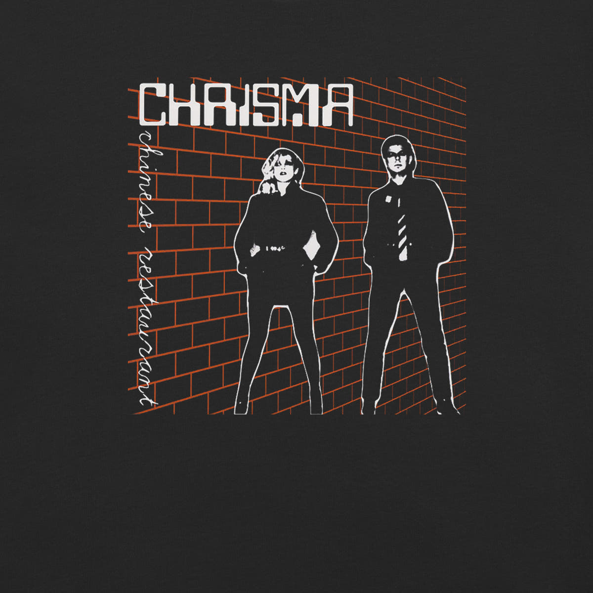 Chinese Restaurant Tee by Prizm Nexus-6 — front view. A black graphic tee reinterpreting Chrisma's Chinese Restaurant imagery in red, black and white.