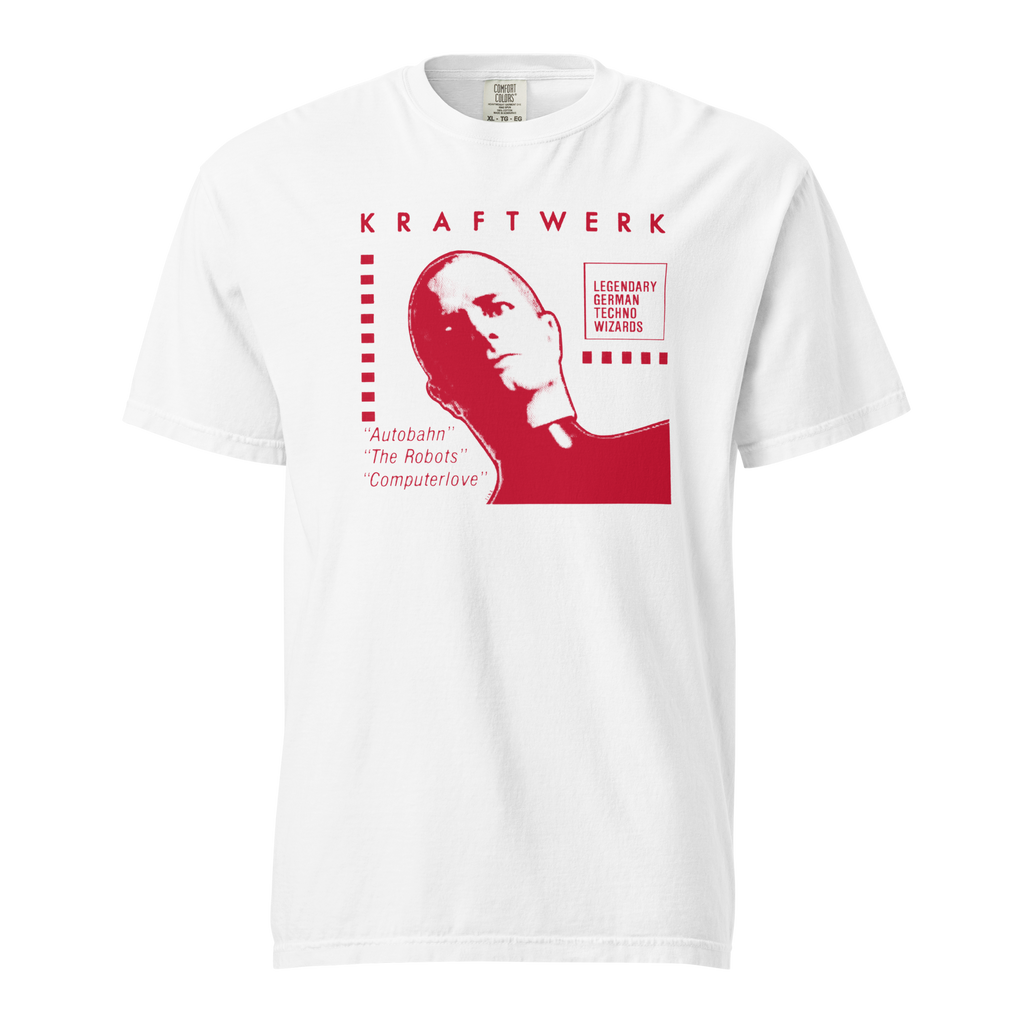 Kraftwerk Archive Flyer Tee — Comfort Colors 1717 (White / Red Print)
