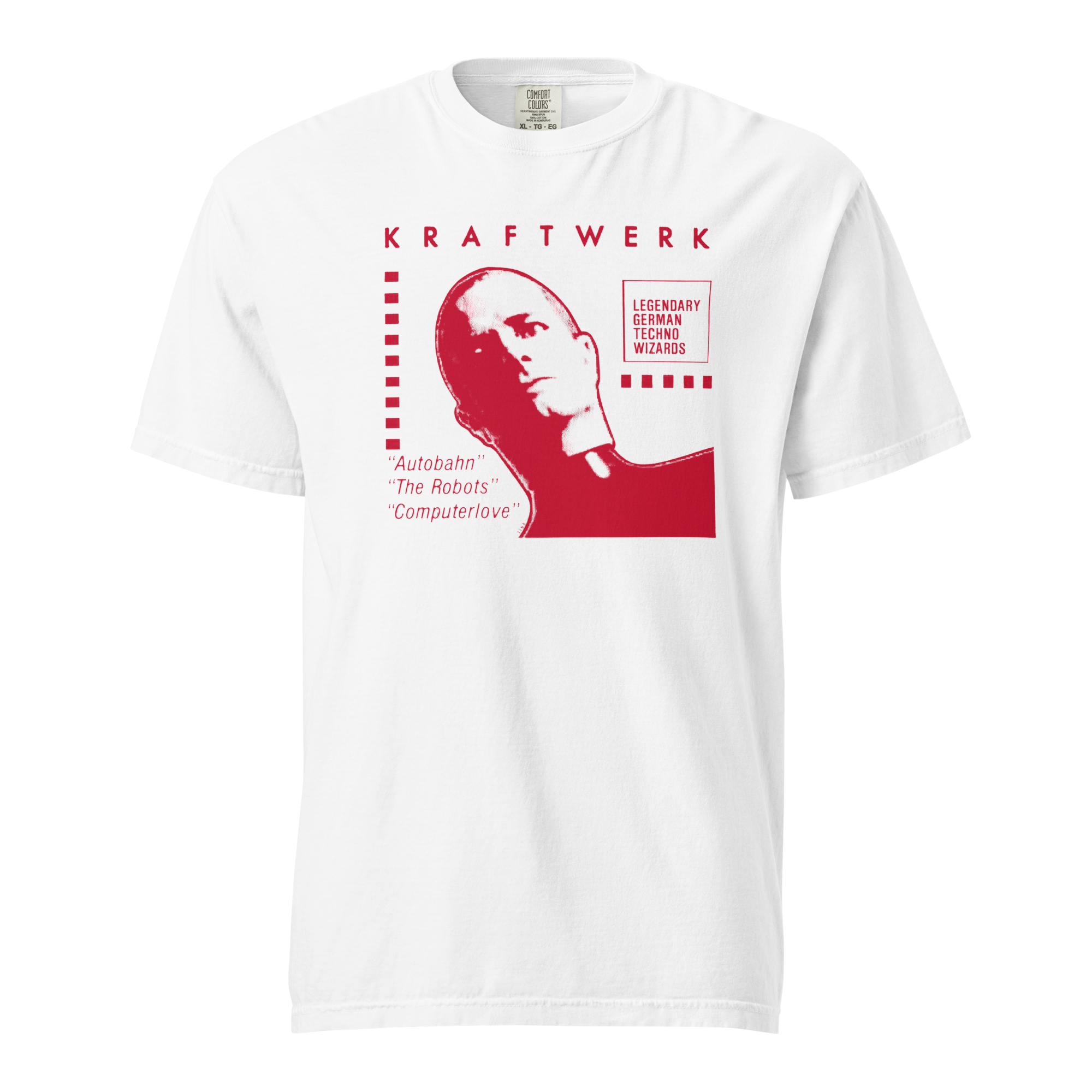 Kraftwerk Archive Flyer Tee — Comfort Colors 1717 (White / Red Print)