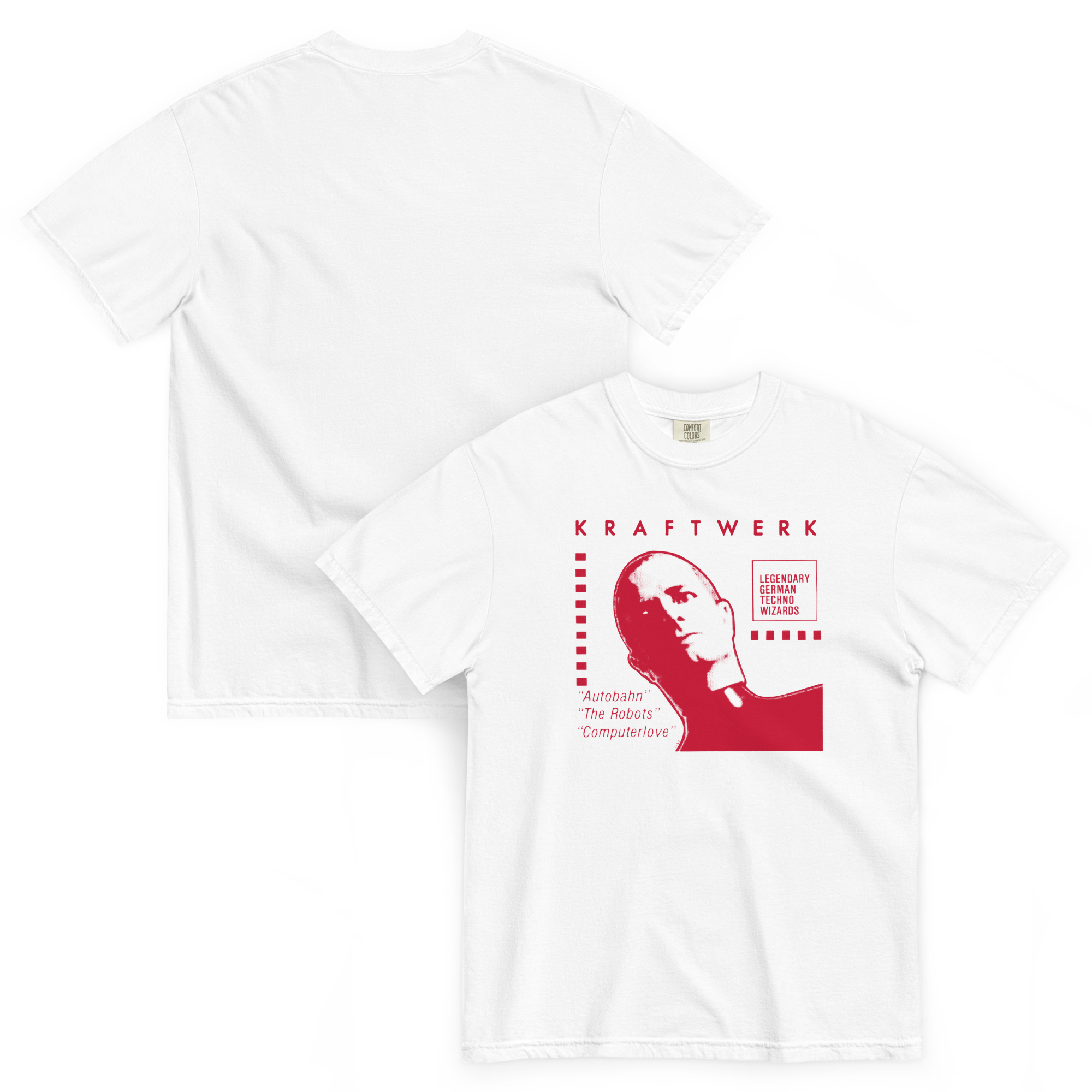 Kraftwerk Archive Flyer Tee — Comfort Colors 1717 (White / Red Print)